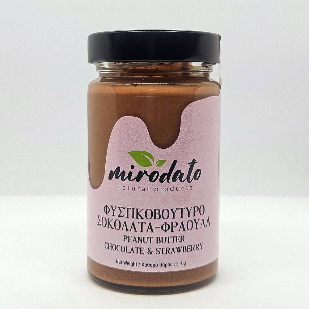 fistikovoutiro_sok_fraoula Χειροποίητο Φυστικοβούτυρο Σοκολάτα-Φράουλα | 310g - Image 1