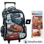 Σχολική τσάντα τρολεϊ Cars με κόμικ σχέδιο, 2 θήκες A4, ροδάκια & δωρεάν σετ γραφής 5 τεμαχίων.
