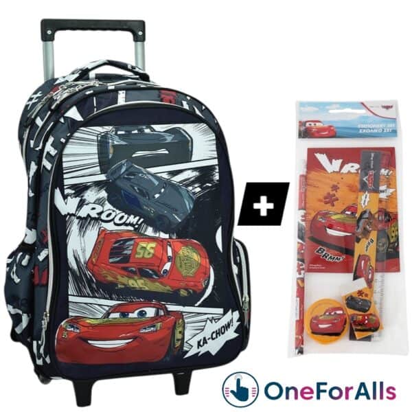Σχολική τσάντα τρολεϊ Cars με κόμικ σχέδιο, 2 θήκες A4, ροδάκια & δωρεάν σετ γραφής 5 τεμαχίων.