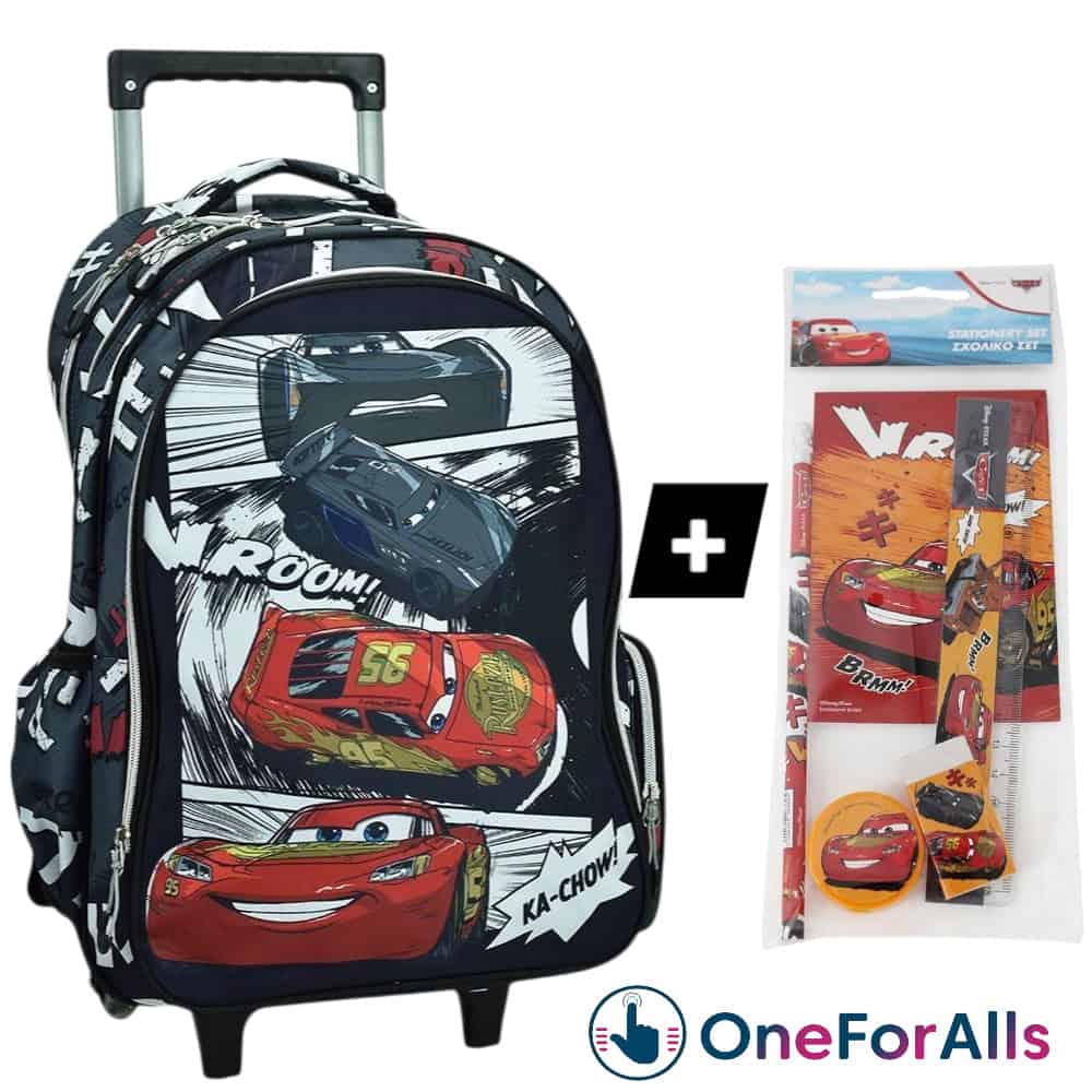 Cars_roaring_tsanta_dimotikou_troley4 Σχολική τσάντα τρολεϊ Cars με κόμικ σχέδιο, 2 θήκες A4, ροδάκια & δωρεάν σετ γραφής 5 τεμαχίων.