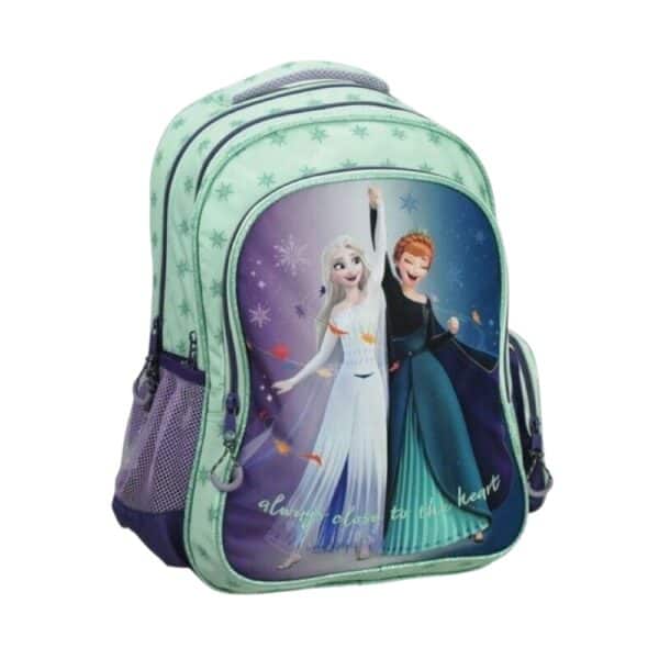 Σχολική τσάντα Frozen πράσινη με Έλσα & Άννα, δύο θήκες A4 και νιφάδες χιονιού