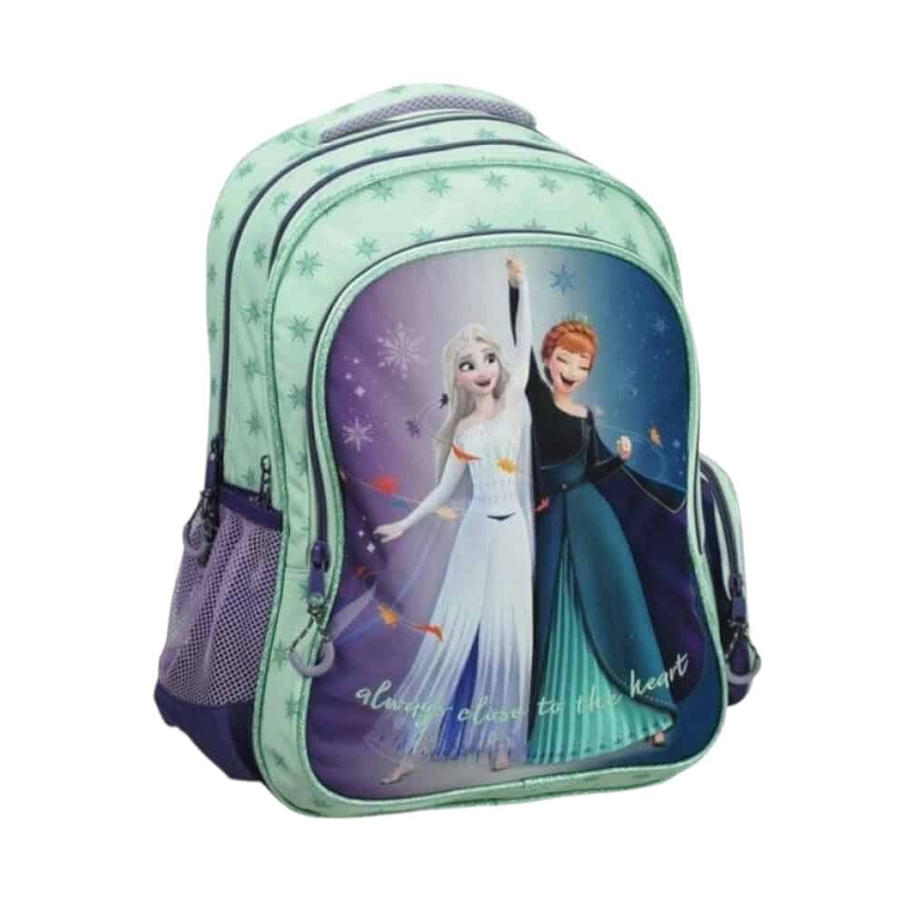 Frozen_tsanta_dimotikou Σχολική τσάντα Frozen πράσινη με Έλσα & Άννα, δύο θήκες A4 και νιφάδες χιονιού
