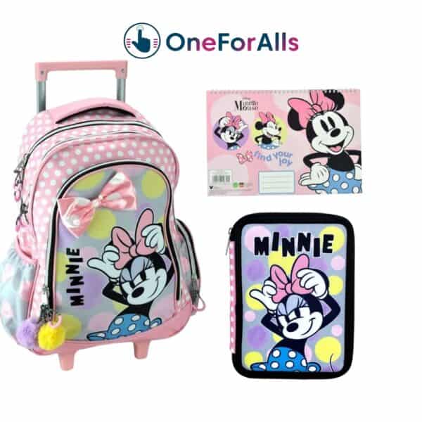 Mini Mouse Σχολικό Σέτ Δημοτικού Τρολεϊ τσάντα δημοτικού με γεμάτη κασετίνα και μπλόκ ζωγραφικής