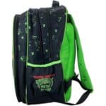 Σχολική τσάντα Ninja Bros μαύρη με neon πράσινο, 2 θήκες A4 και κόμικ σχέδιο χελωνών.