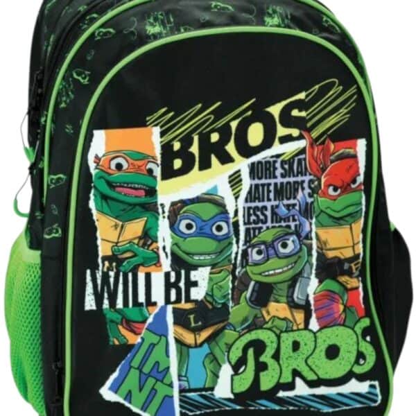 Σχολική τσάντα Ninja Bros μαύρη με neon πράσινο, 2 θήκες A4 και κόμικ σχέδιο χελωνών.