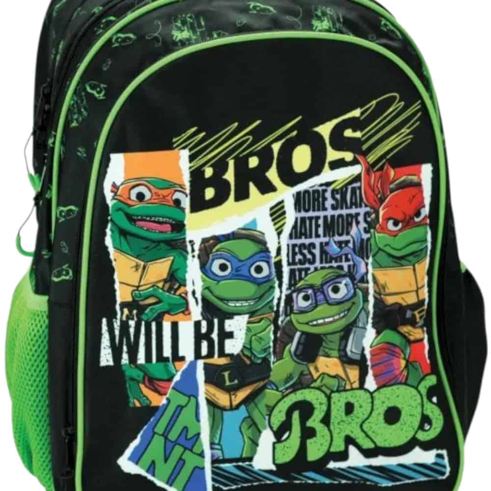 Ninja_bros_tsanta_dimotikou4 Σχολική τσάντα Ninja Bros μαύρη με neon πράσινο, 2 θήκες A4 και κόμικ σχέδιο χελωνών.