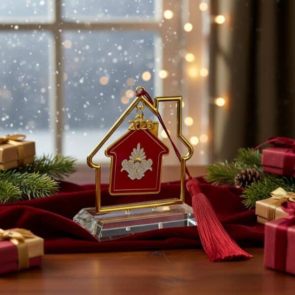 επιτραπέζιο γούρι σπίτι 2026 με γυάλινη βάση και φούντα