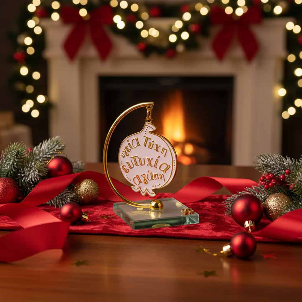 goyri2026_ygeia_agapi επιτραπέζιο γούρι ρόδι 2026 με ευχές σε γυάλινη βάση