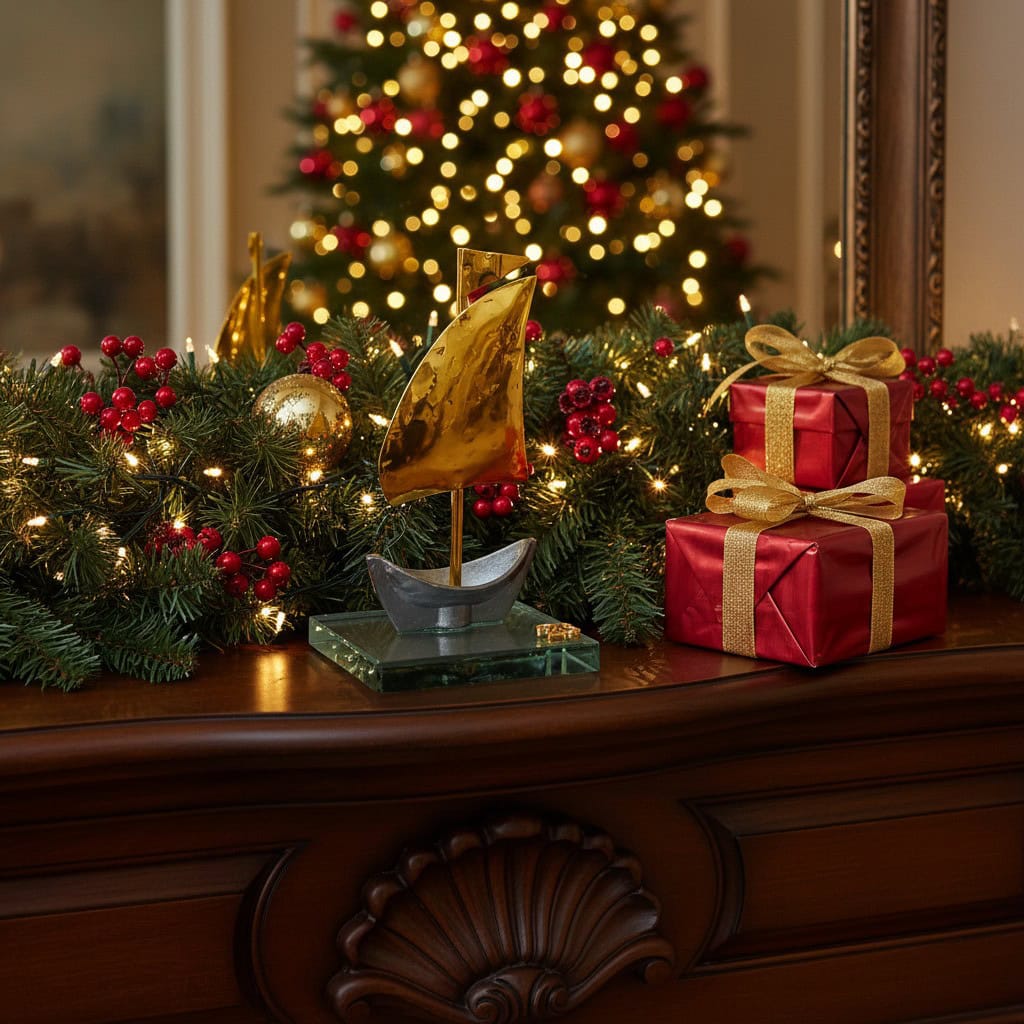 1764732023874 χριστουγεννιάτικο διακοσμητικό χρυσό καραβάκι σε γυάλινη βάση