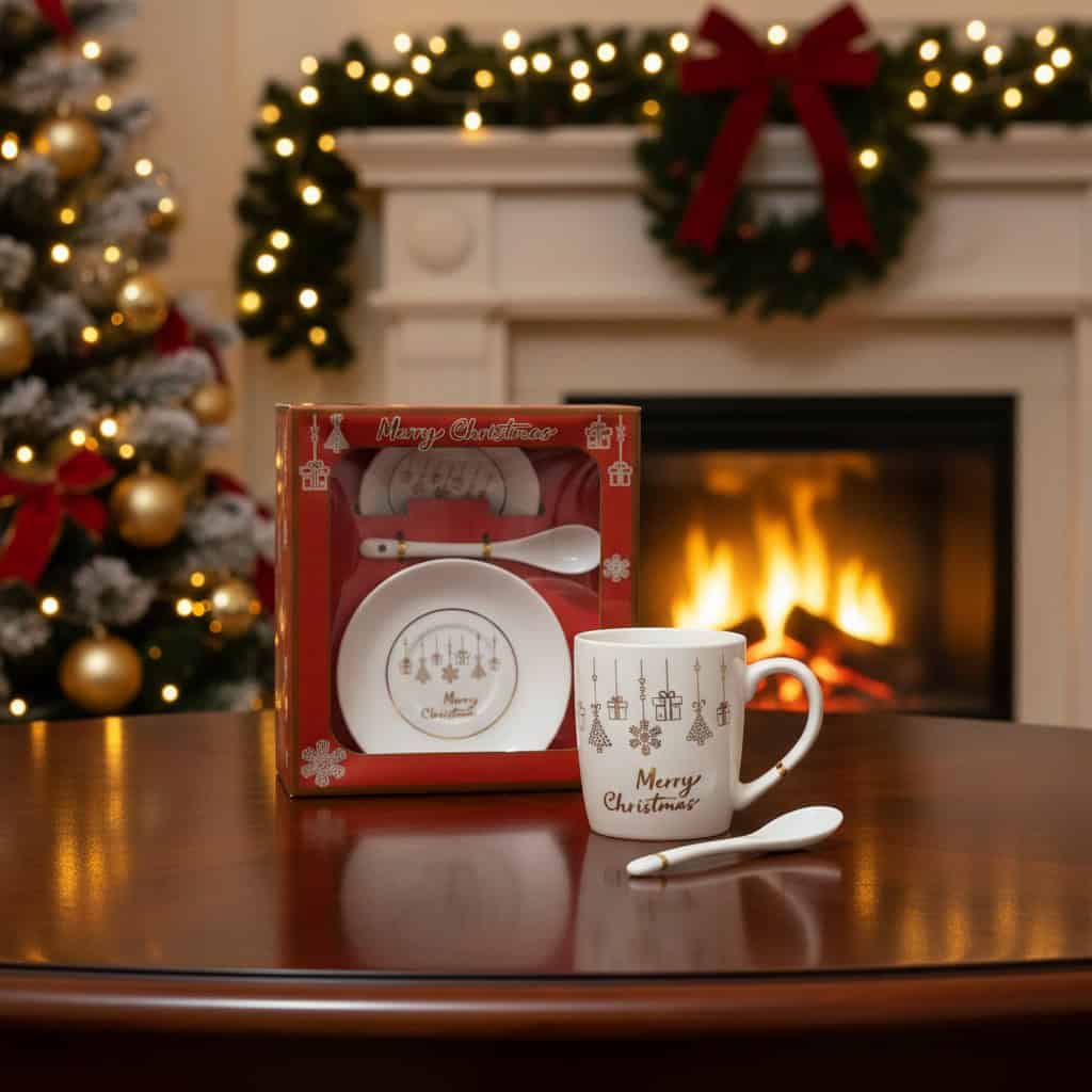 christmas_mug_set_2026 σετ χριστουγεννιάτικη κούπα Merry Christmas με κουτάλι και πιατάκι