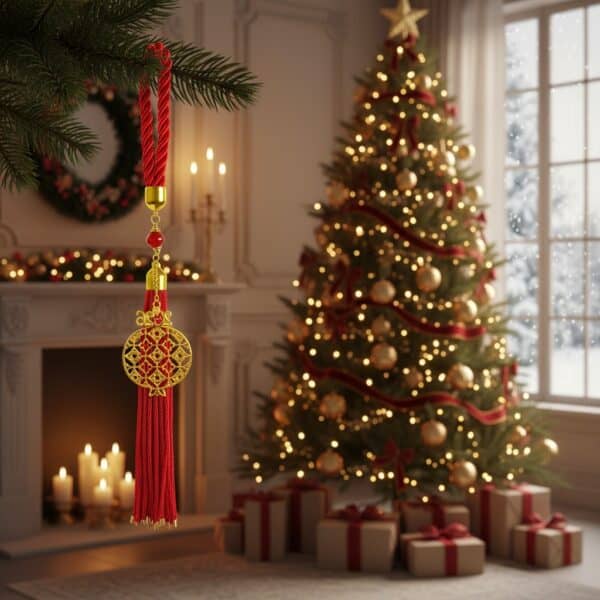 Κρεμαστό Γούρι 2026 με χρυσό Ρόδι και κόκκινη φούντα