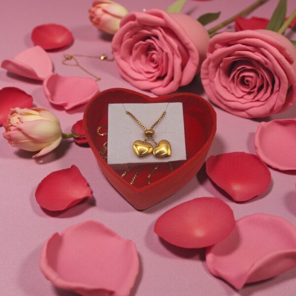Χρυσό ατσάλινο κολιέ με δύο καρδιές, αλυσίδα 45 cm σε κουτί καρδιά – δώρο Αγίου Βαλεντίνου