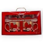 Σετ ζευγαριού Love με 2 κούπες, 2 πιατάκια και 2 κουταλάκια, σχέδιο ρίγες και καρδιές, σε συσκευασία δώρου – Άγιος Βαλεντίνος