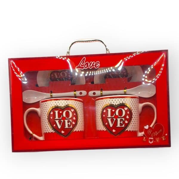 Σετ κούπες Love με 2 κούπες, 2 πιατάκια και 2 κουταλάκια, σχέδιο ρίγες και καρδιές, σε συσκευασία δώρου – Άγιος Βαλεντίνος”