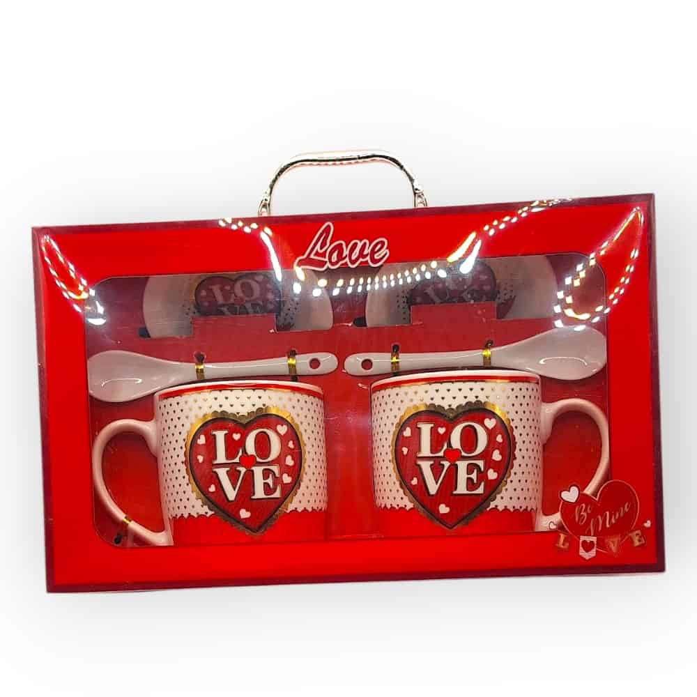2 Κούπες με Πιατάκια & Κουταλάκια άγιος Βαλεντίνος Σετ κούπες Love με 2 κούπες, 2 πιατάκια και 2 κουταλάκια, σχέδιο ρίγες και καρδιές, σε συσκευασία δώρου – Άγιος Βαλεντίνος”