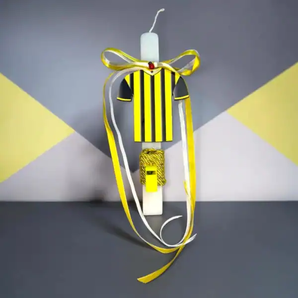 πασχαλινή λαμπάδα ΑΕΚ με κιτρινόμαυρη φανέλα χειροποίητη oneforalls