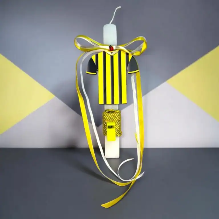 πασχαλινή λαμπάδα ΑΕΚ με κιτρινόμαυρη φανέλα χειροποίητη oneforalls