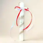 χειροποίητη πασχαλινή λαμπάδα με ατσάλινο κόσμημα μάτι και σατέν κορδέλες oneforalls