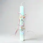 χειροποίητη πασχαλινή λαμπάδα με ατσάλινα κοσμήματα και παστέλ κορδέλες oneforalls