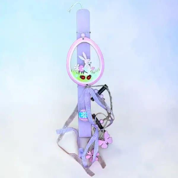 χειροποίητη πασχαλινή λαμπάδα με λαγουδάκι και λιλά κορδέλες oneforalls