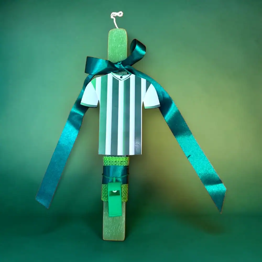 lampada_panathinaikos_oneforallsgr χειροποίητη πασχαλινή λαμπάδα παναθηναϊκός με φανέλα και πράσινες κορδέλες oneforalls