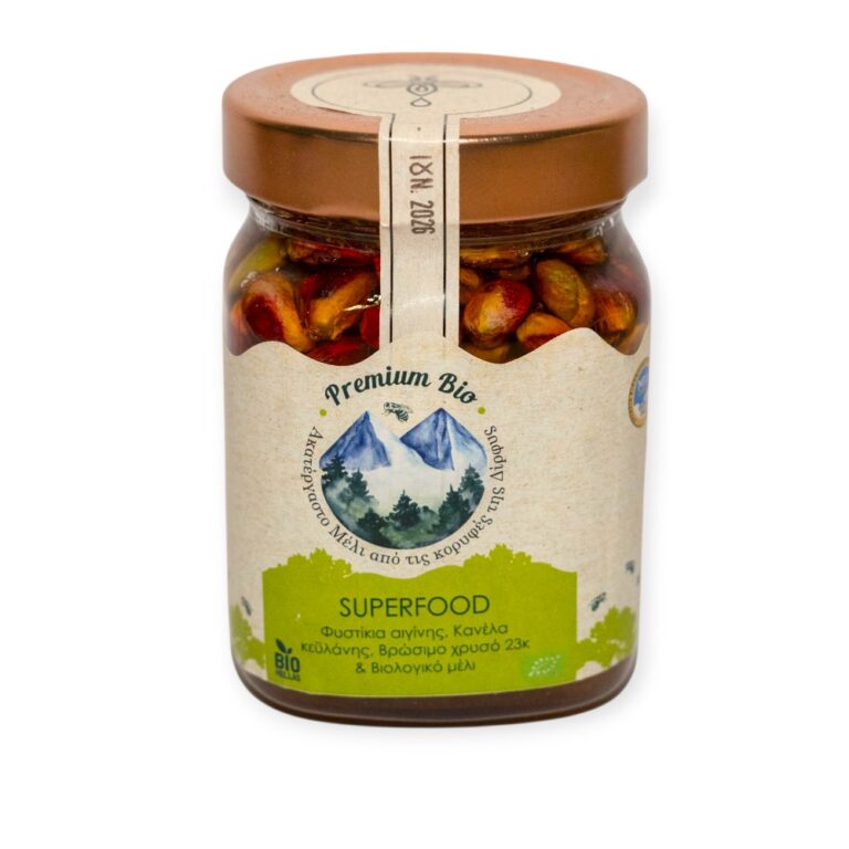 Superfood με βιολογικό μέλι, φιστίκια Αιγίνης, κανέλα Κεϋλάνης & φύλλα χρυσού 23K σε γυάλινο βάζο – premium ελληνικό προϊόν