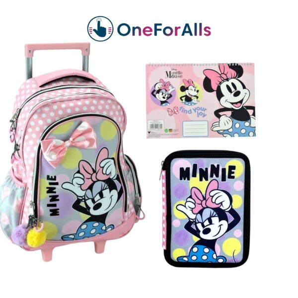 Mini Mouse Σχολικό Σέτ Δημοτικού Τρολεϊ τσάντα δημοτικού με γεμάτη κασετίνα και μπλόκ ζωγραφικής