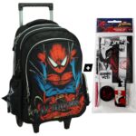 Μαύρη σχολική τσάντα τρολεϊ Spiderman με 2 θήκες, ρόδες & δωρεάν σετ γραφής 5 τεμαχίων.