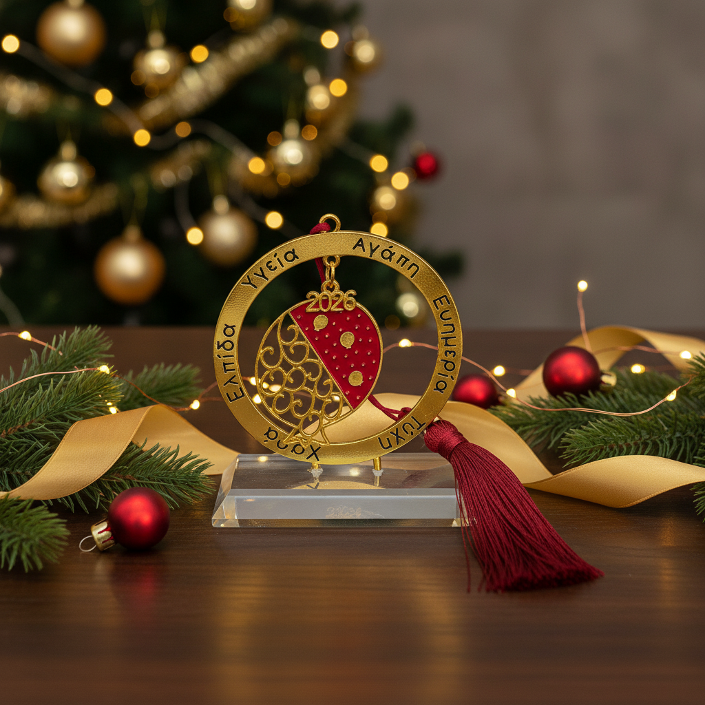 gouri20026_eyxes_se_gialini_vasi επιτραπέζιο γούρι ρόδι 2026 με γυάλινη βάση