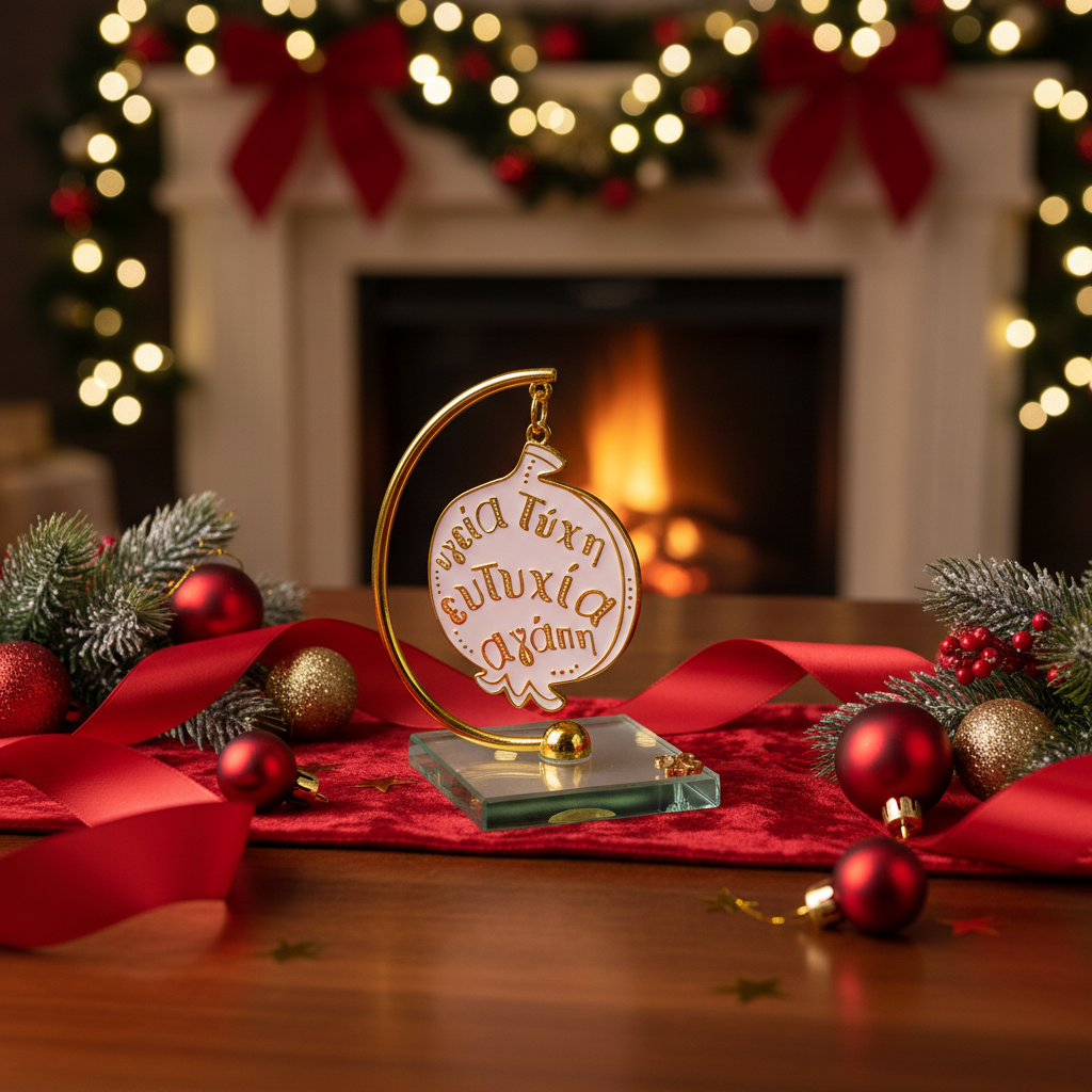 goyri2026_ygeia_agapi επιτραπέζιο γούρι ρόδι 2026 με ευχές σε γυάλινη βάση