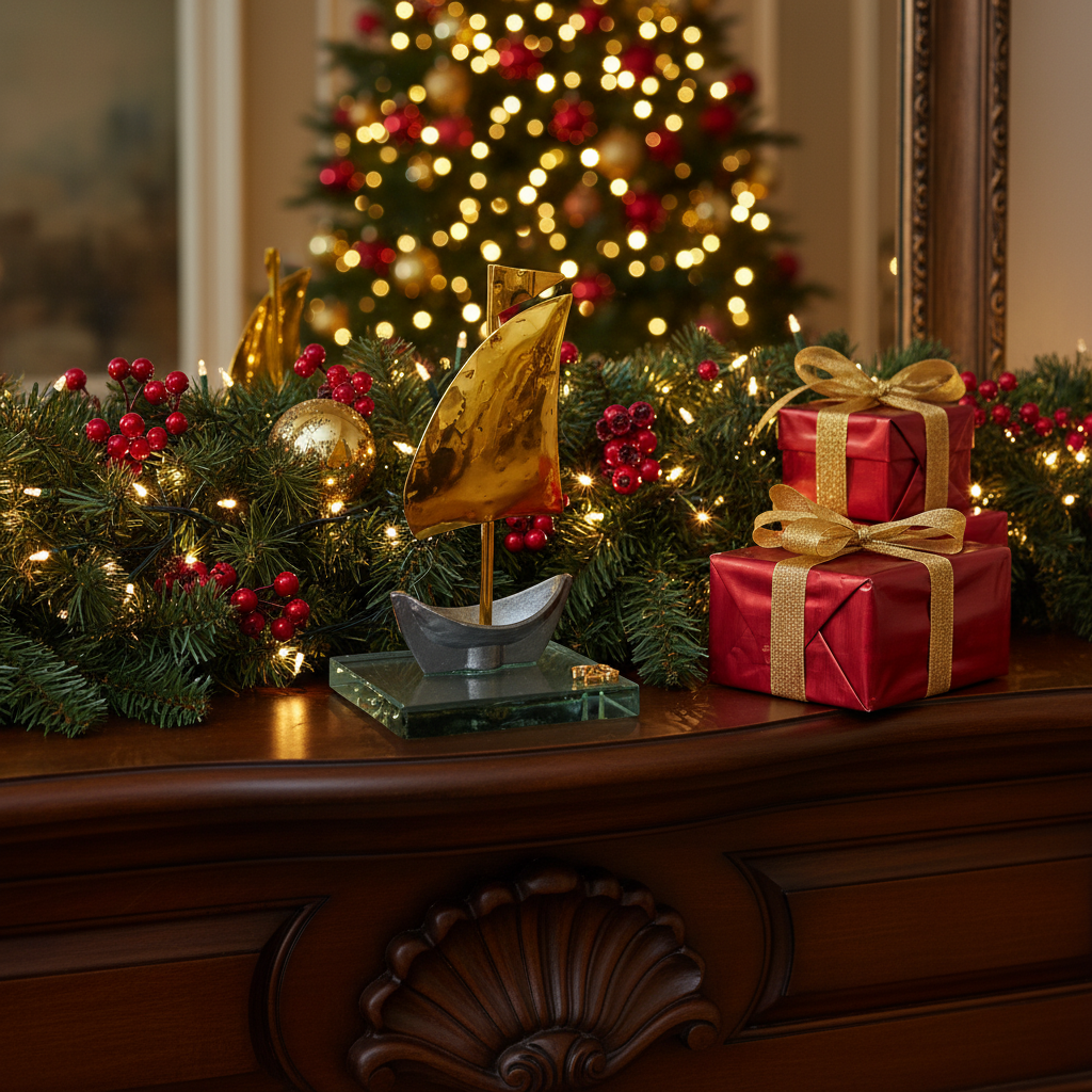 1764732023874 χριστουγεννιάτικο διακοσμητικό χρυσό καραβάκι σε γυάλινη βάση