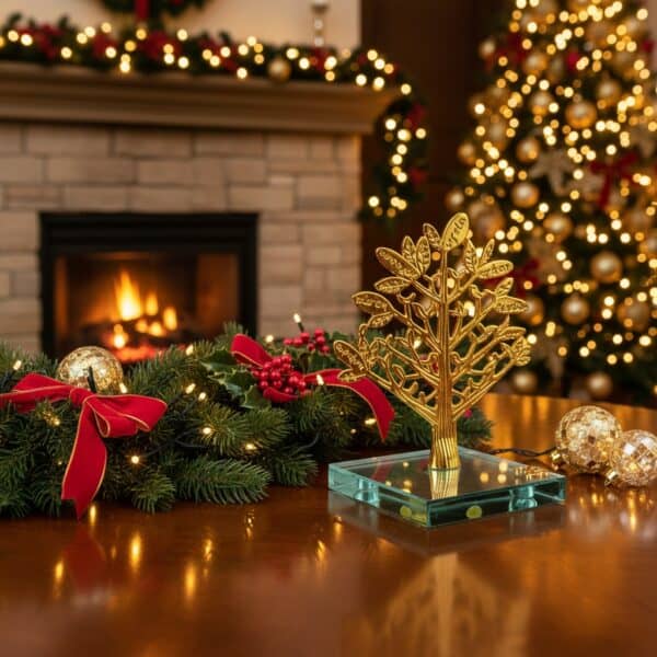 χρυσό διακοσμητικό δέντρο ελιάς 2026 σε γυάλινη βάση