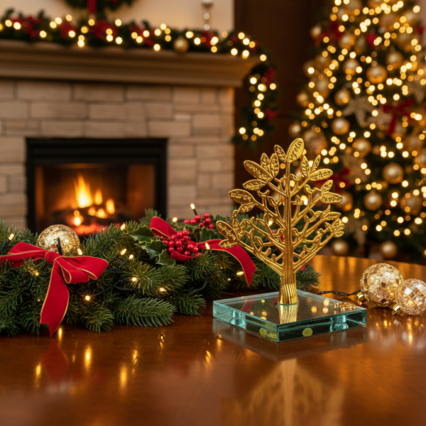 χρυσό διακοσμητικό δέντρο ελιάς 2026 σε γυάλινη βάση
