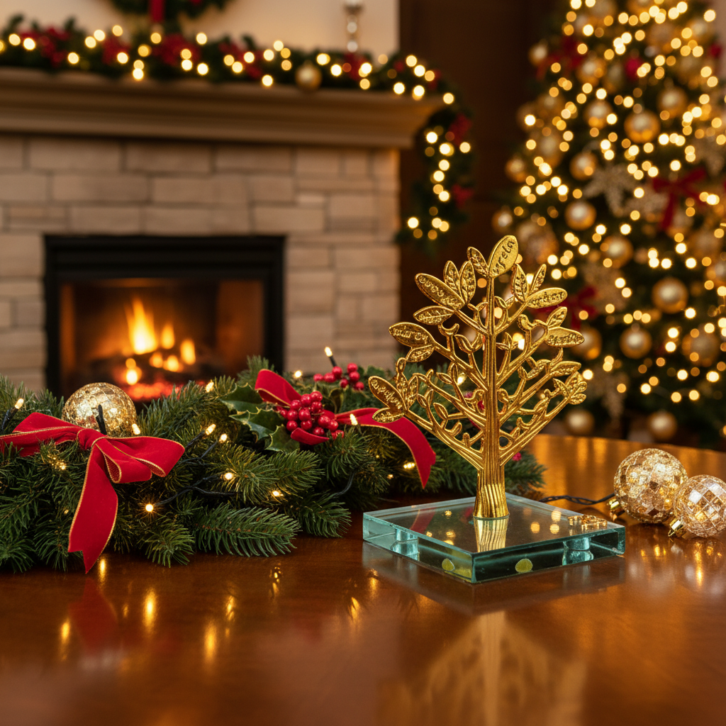 gouri-xryso-dentro-elias-2026-glass-base-oneforallsgr χρυσό διακοσμητικό δέντρο ελιάς 2026 σε γυάλινη βάση