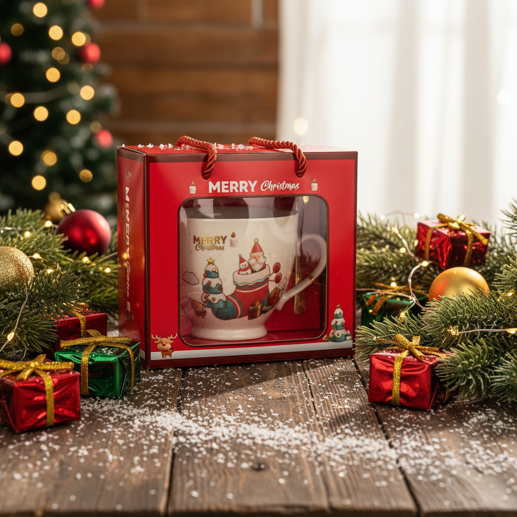 white-christmas-mug-santa-stocking-oneforalls λευκή χριστουγεννιάτικη κούπα Santa σε κάλτσα με συσκευασία