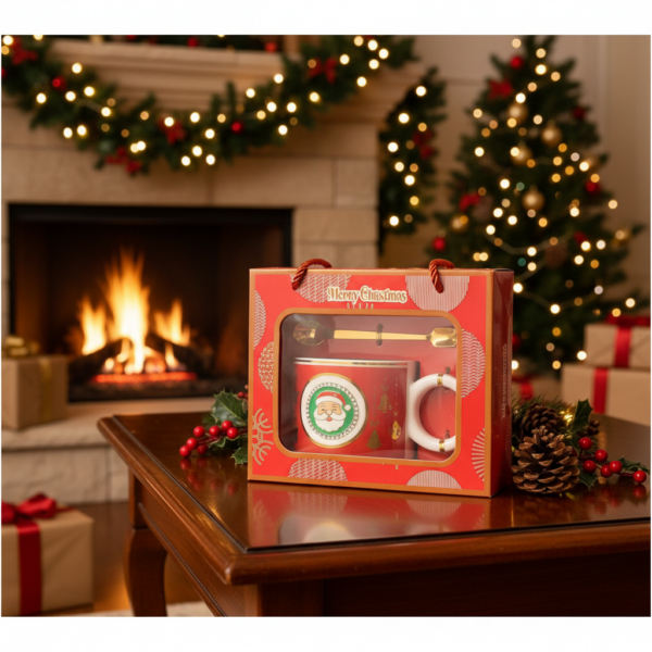 κόκκινη χριστουγεννιάτικη κούπα Άγιος Βασίλης με κουτάλι σε συσκευασία