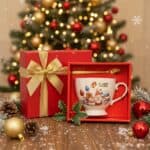 λευκή χριστουγεννιάτικη κούπα Santa & χιονάνθρωπος με κουτάλι