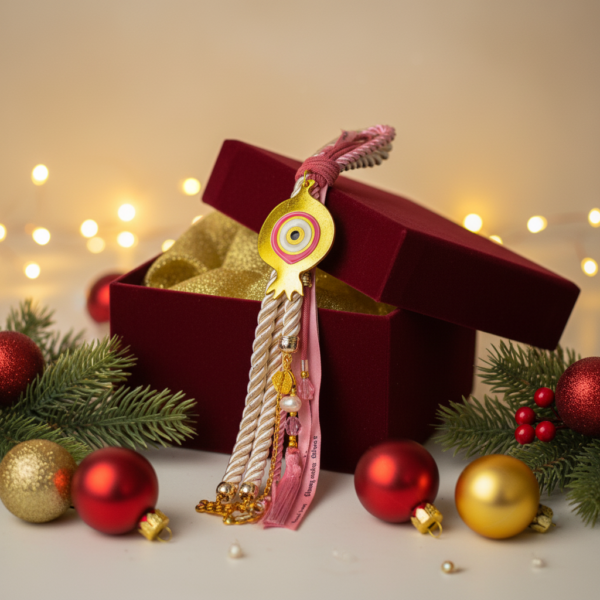 Γούρι 2026 ροζ ρόδι κρεμαστό με κορδόνια και βελούδινο κουτί δώρου