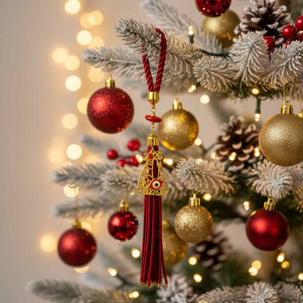 gouri-kampana-xrysi-kokkini-mati-2026-oneforallsgr κρεμαστό γούρι καράβι 2026 σε χρυσό και κόκκινο με μάτι και φούντα