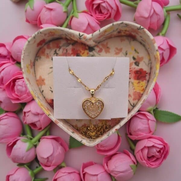 Χρυσό ατσάλινο κολιέ διπλή καρδιά με πέτρες, αλυσίδα 45 cm σε κουτί καρδιά – δώρο Αγίου Βαλεντίνου
