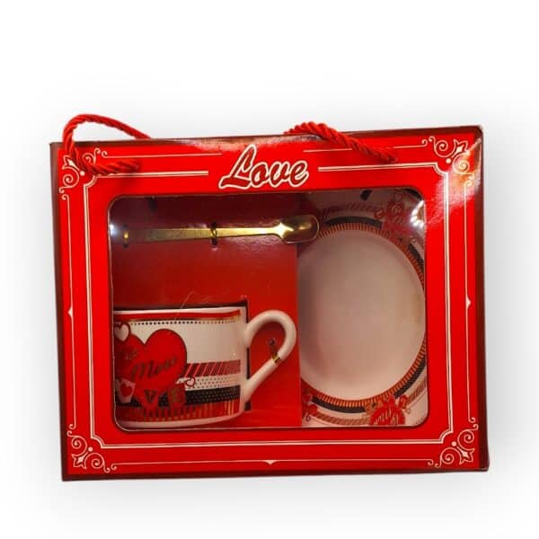 Σετ δώρου Love με κούπα, πιατάκι και κουταλάκι σε κόκκινη συσκευασία – δώρο Αγίου Βαλεντίνου